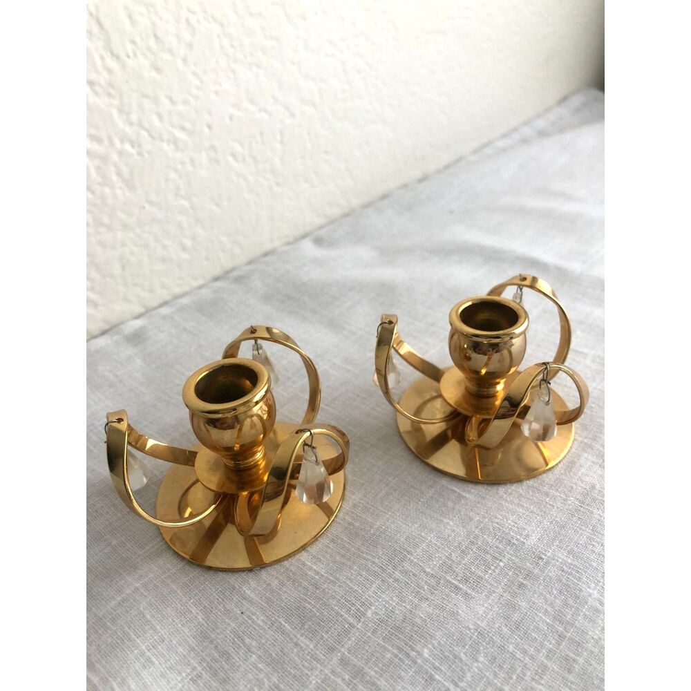 Vintage 80s Lycenta Sweden 24K Gold Plated Crystal Candle Holder Set MCM Regency
